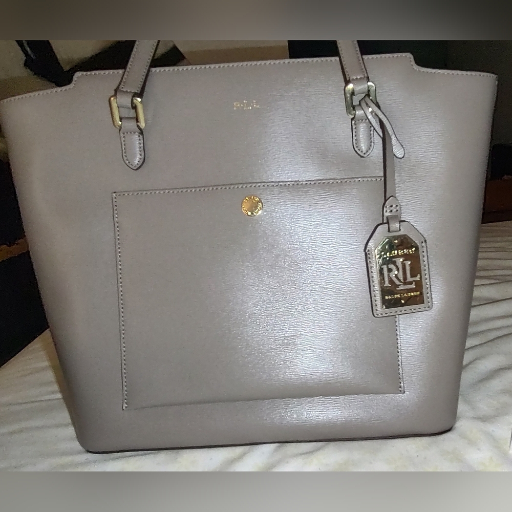 LAUREN RALPH LAUREN 'NEWBURY'  LEATHER TOTE  IN THE COLOR PORCINI (TAUPE)
